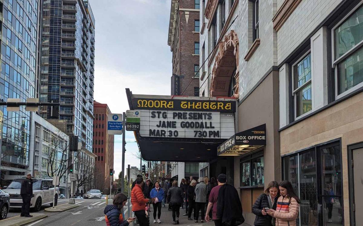 A busy street with a theatre sign