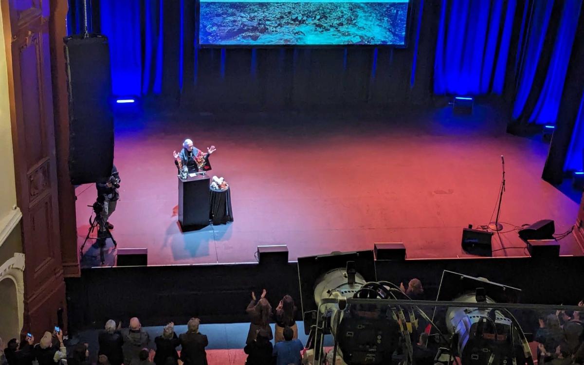 An elderly woman (Jane Goodall) standing on a large stage with her arms outstretched