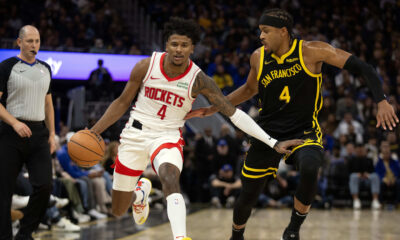 Nov 20, 2023; San Francisco, California, USA; Houston Rockets guard Jalen Green (4) dribbles against Golden State Warriors forward Moses Moody (4)