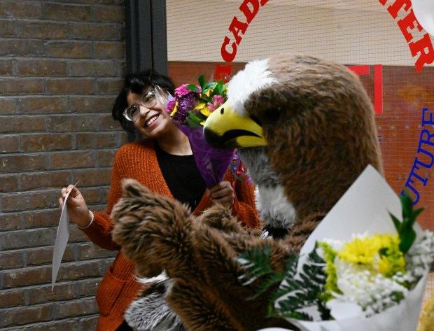 Amaiya Kavachery a student at Lehigh Career Technical Institute is awarded a full-tuition scholarship as the winner of Cedar Crest College's annual Scholarship Competition. The reveal was held at the LCTI on Tuesday, April 9, 2024. (Monica Cabrera/The Morning Call)