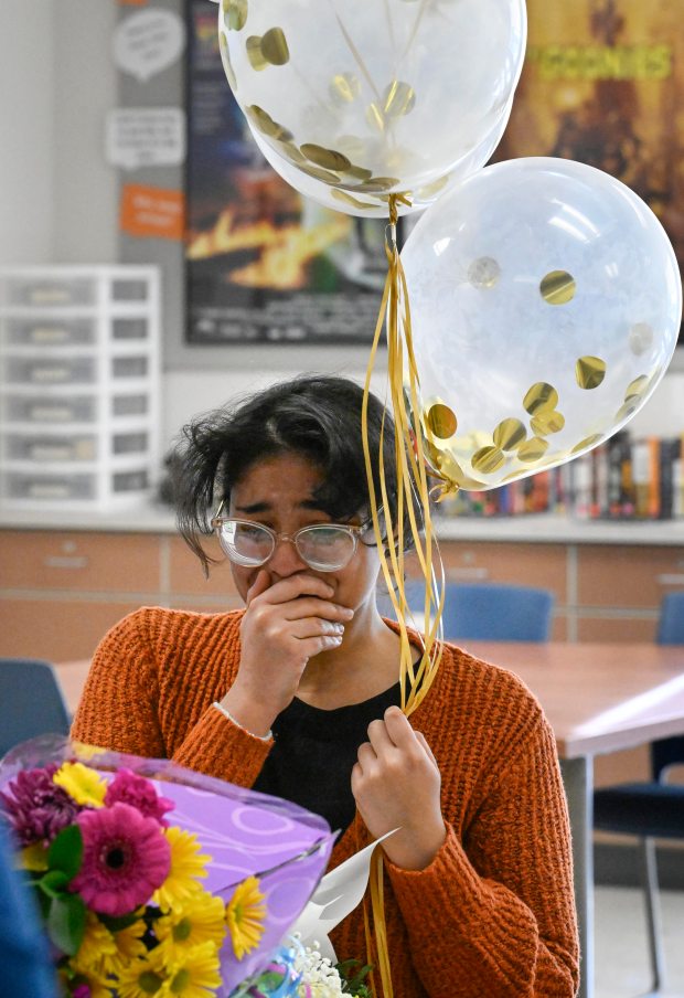 Amaiya Kavachery a student at Lehigh Career Technical Institute is awarded a full-tuition scholarship as the winner of Cedar Crest College's annual Scholarship Competition. The reveal was held at the LCTI on Tuesday, April 9, 2024. (Monica Cabrera/The Morning Call)