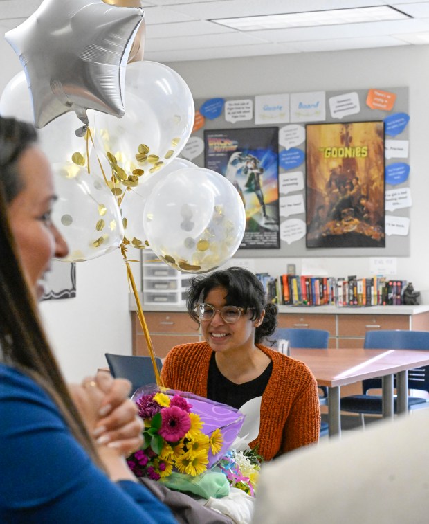 Stephanie Walker, Cedar Crest Vice President of Enrollment, left, congratulates Amaiya Kavachery a student at Lehigh Career Technical Institute who is awarded a full-tuition scholarship as the winner of Cedar Crest College's annual Scholarship Competition. The reveal was held at the LCTI on Tuesday, April 9, 2024. (Monica Cabrera/The Morning Call)