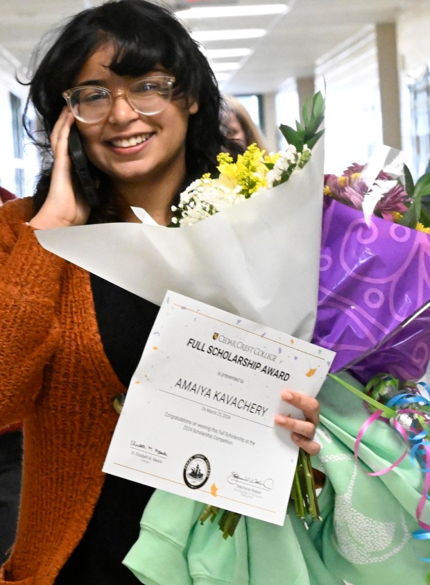 Amaiya Kavachery a student at Lehigh Career Technical Institute is awarded a full-tuition scholarship as the winner of Cedar Crest College's annual Scholarship Competition. The reveal was held at the LCTI on Tuesday, April 9, 2024. (Monica Cabrera/The Morning Call)