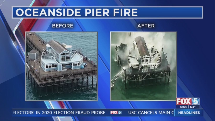 Side-by-side of what the Oceanside Pier looked like before and after the fire on April 25, 2024. (FOX 5)