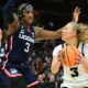 Aaliyah Edwards guards Sydney Affolter during their Final Four matchup.