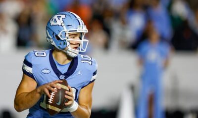 Oct 14, 2023; Chapel Hill, North Carolina, USA; North Carolina Tar Heels quarterback Drake Maye (10) looks to pass against the Miami Hurricanes in the first half at Kenan Memorial Stadium. Mandatory Credit: Nell Redmond-USA TODAY Sports