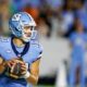 Oct 14, 2023; Chapel Hill, North Carolina, USA; North Carolina Tar Heels quarterback Drake Maye (10) looks to pass against the Miami Hurricanes in the first half at Kenan Memorial Stadium. Mandatory Credit: Nell Redmond-USA TODAY Sports