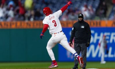 Philadelphia Phillies first baseman Bryce Harper (3) runs the bases after hitting his second home run of the game during the fourth inning against the Cincinnati Reds on Tuesday, April 4, 2024, at Citizens Bank Park in Philadelphia.