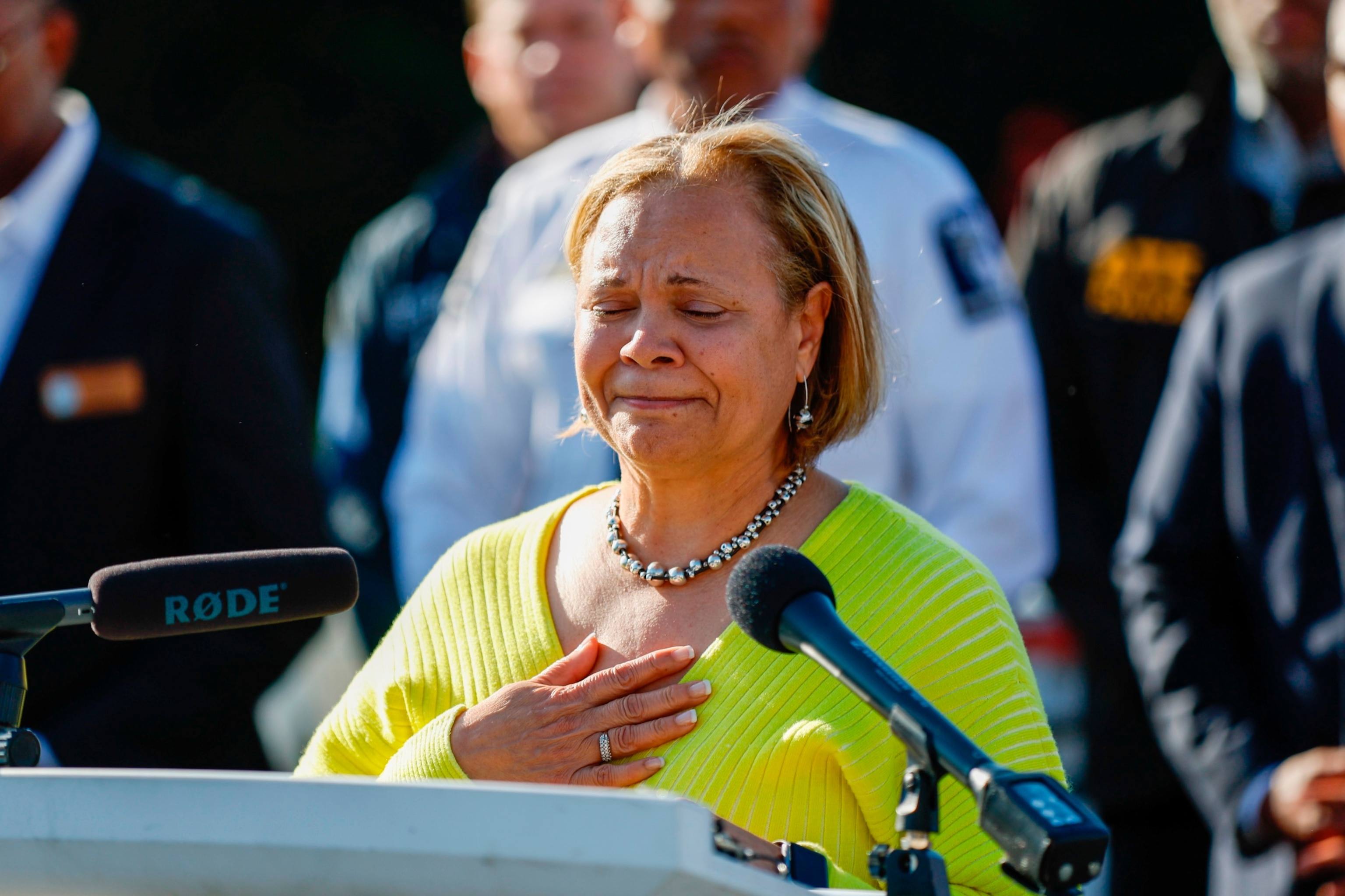 PHOTO: Charlotte Mayor Vi Lyles gets choked up as she speaks at a press conference regarding a shooting in Charlotte, N.C., Monday, April 29, 2024.