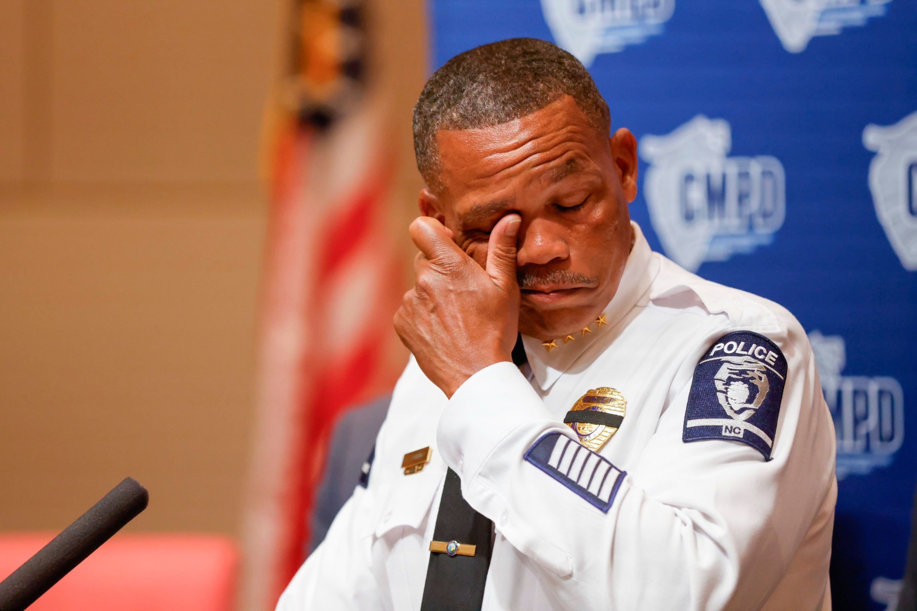 PHOTO: Charlotte-Mecklenburg Police Chief Johnny Jennings wipes away tears as he speaks at a press conference in Charlotte, N.C., Tuesday, April 30, 2024, regarding the shooting that killed four officers during an attempt to serve a warrant on April 29.