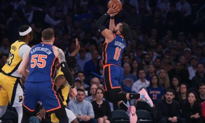 May 14, 2024; New York, New York, USA; New York Knicks guard Jalen Brunson (11) drives for a shot in front of Indiana Pacers center Myles Turner (33) and center Isaiah Hartenstein (55) during game five of the second round for the 2024 NBA playoffs at Madison Square Garden. Mandatory Credit: Vincent Carchietta-USA TODAY Sports