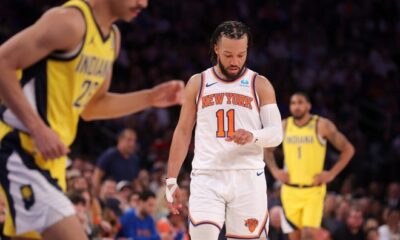 May 19, 2024; New York, New York, USA; New York Knicks guard Jalen Brunson (11) flexes his left hand during the third quarter of game seven of the second round of the 2024 NBA playoffs against the Indiana Pacers at Madison Square Garden. Mandatory Credit: Brad Penner-USA TODAY Sports