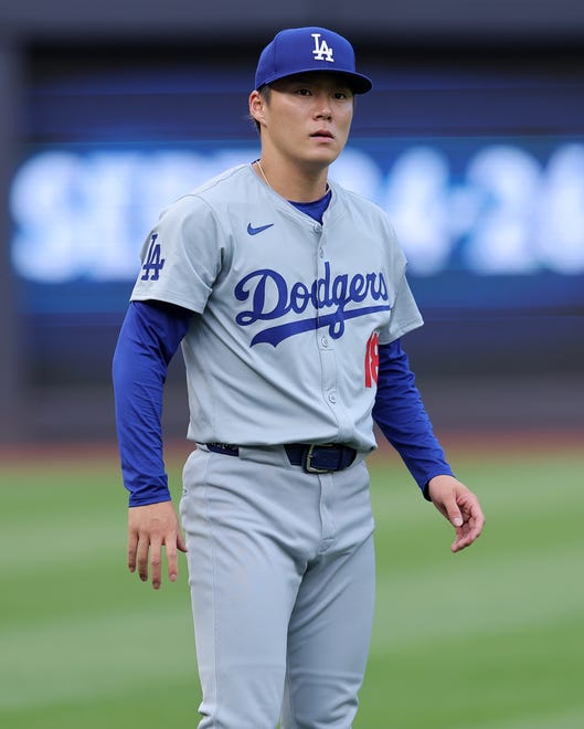 Jun 7, 2024; Bronx, New York, USA; Los Angeles Dodgers starting pitcher Yoshinobu Yamamoto (18) warms up before his start against the New York Yankees at Yankee Stadium. Mandatory Credit: Brad Penner-USA TODAY Sports