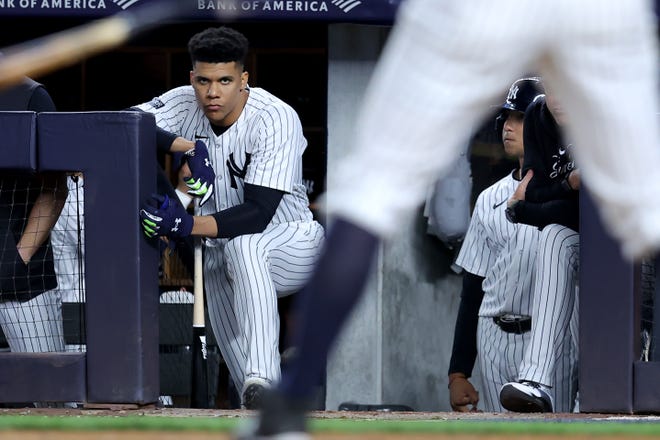 Jun 7, 2024; Bronx, New York, USA; New York Yankees right fielder Juan Soto (22) watches from the top step of the dugout as third baseman DJ LeMahieu (26) bats during the ninth inning against the Los Angeles Dodgers at Yankee Stadium. Mandatory Credit: Brad Penner-USA TODAY Sports