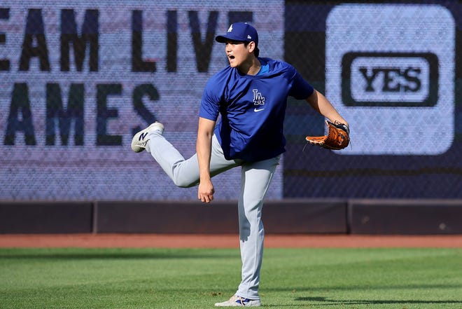 Jun 7, 2024; Bronx, New York, USA; Los Angeles Dodgers designated hitter Shohei Ohtani (17) throws in the outfield before a game against the New York Yankees at Yankee Stadium. Mandatory Credit: Brad Penner-USA TODAY Sports