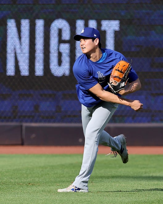 Jun 7, 2024; Bronx, New York, USA; Los Angeles Dodgers designated hitter Shohei Ohtani (17) throws in the outfield before a game against the New York Yankees at Yankee Stadium. Mandatory Credit: Brad Penner-USA TODAY Sports