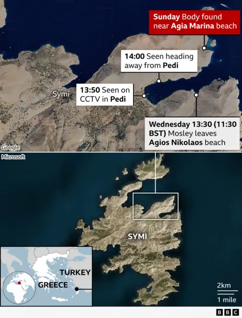 Map of Symi pointing out spot where he went missing and where an unidentified body was found