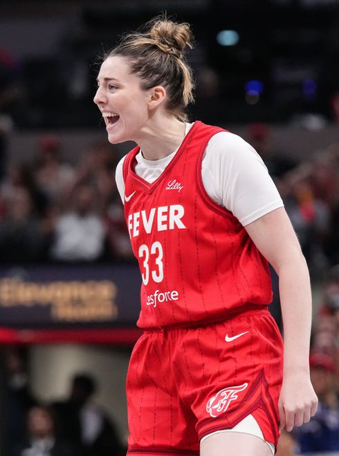 Indiana Fever forward Katie Lou Samuelson (33) yells one excitement after scoring a three-point basket Thursday, June 13, 2024, during the game at Gainbridge Fieldhouse in Indianapolis.