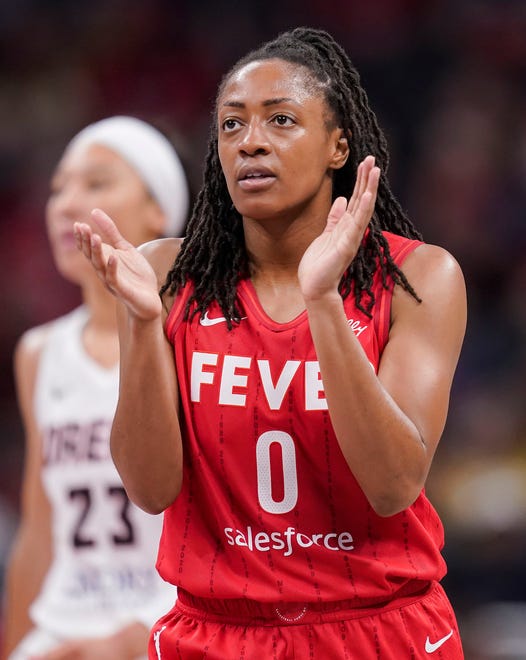 Indiana Fever guard Kelsey Mitchell (0) claps her hands after a turn-over Thursday, June 13, 2024, during the game at Gainbridge Fieldhouse in Indianapolis. The Indiana Fever defeated the Atlanta Dream, 91-84.