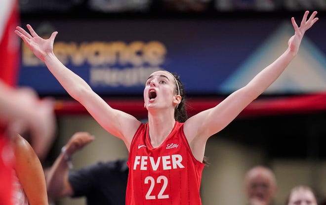 Indiana Fever guard Caitlin Clark (22) yells to the referee Thursday, June 13, 2024, during the game at Gainbridge Fieldhouse in Indianapolis. The Indiana Fever defeated the Atlanta Dream, 91-84.