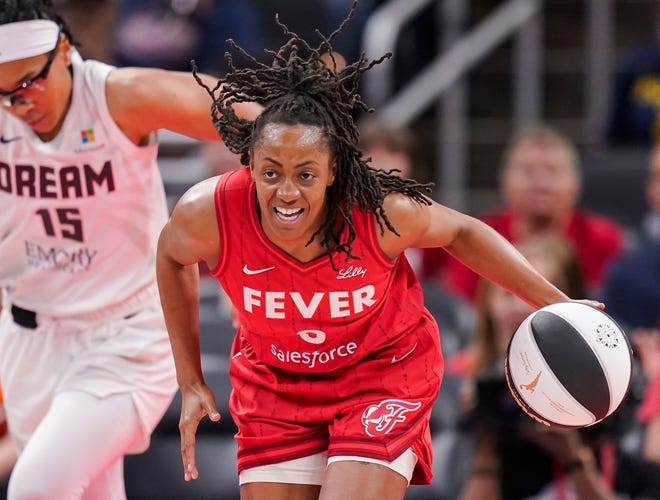 Indiana Fever guard Kelsey Mitchell (0) rushes up the court Thursday, June 13, 2024, during the game at Gainbridge Fieldhouse in Indianapolis. The Indiana Fever defeated the Atlanta Dream, 91-84.