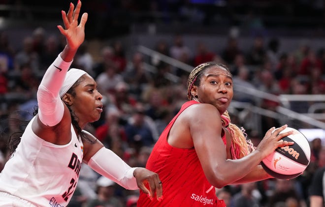 Indiana Fever forward Aliyah Boston (7) rushes up the court against Atlanta Dream forward Cheyenne Parker-Tyus (32) on Thursday, June 13, 2024, during the game at Gainbridge Fieldhouse in Indianapolis.