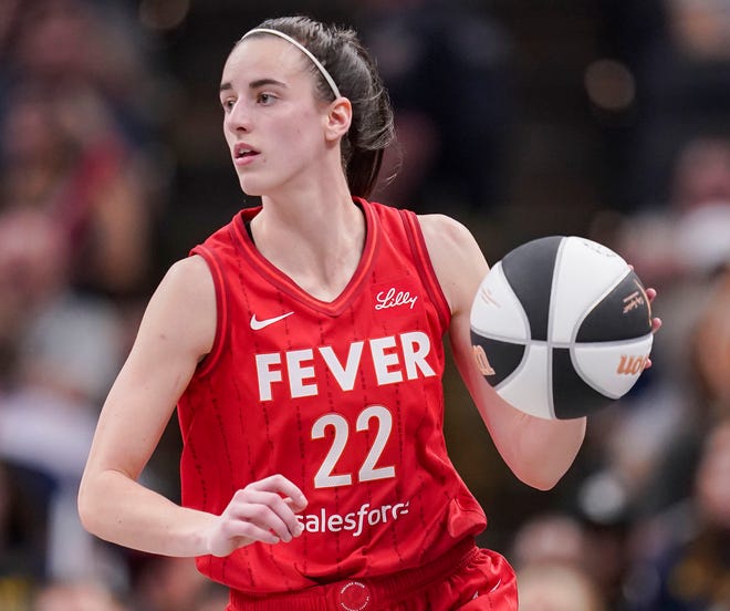 Indiana Fever guard Caitlin Clark (22) rushes up the court Thursday, June 13, 2024, during the game at Gainbridge Fieldhouse in Indianapolis. The Indiana Fever defeated the Atlanta Dream, 91-84.