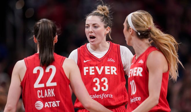 Indiana Fever forward Katie Lou Samuelson (33) yells in excitement with Indiana Fever guard Caitlin Clark (22) and Indiana Fever guard Lexie Hull (10) on Thursday, June 13, 2024, during the game at Gainbridge Fieldhouse in Indianapolis. The Indiana Fever defeated the Atlanta Dream, 91-84.