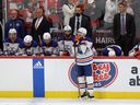 SUNRISE, FLORIDA - JUNE 24: Zach Hyman #18 of the Edmonton Oilers looks on while teammates react after their 2-1 loss against the Florida Panthers in Game Seven of the 2024 Stanley Cup Final at Amerant Bank Arena on June 24, 2024 in Sunrise, Florida.