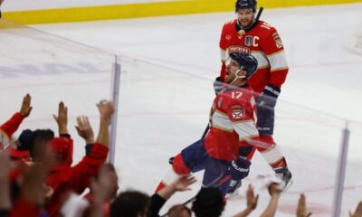 Jun 10, 2024; Sunrise, Florida, USA; Florida Panthers forward Evan Rodrigues (17) celebrates scoring during the third period against the Edmonton Oilers in game two of the 2024 Stanley Cup Final at Amerant Bank Arena. Mandatory Credit: Sam Navarro-USA TODAY Sports