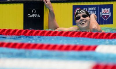 Katie Ledecky reacts after winning the 200-meter freestyle final June 17, 2024, during the U.S. Olympic Team Swimming Trials at Lucas Oil Stadium in Indianapolis.