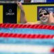 Katie Ledecky reacts after winning the 200-meter freestyle final June 17, 2024, during the U.S. Olympic Team Swimming Trials at Lucas Oil Stadium in Indianapolis.