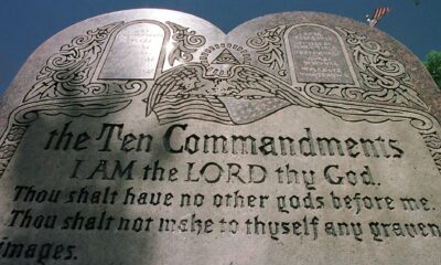 A Ten Commandments sculpture is on display in front of city hall June 27, 2001 in Grand Junction, Colorado.