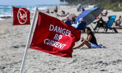 Lifeguards post hazardous rip current flags in the sand on March 22, 2022, at Midtown Beach in Palm Beach, Florida, after making a rescue in the rough surf.