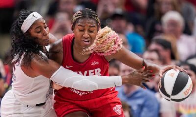 Indiana Fever forward Aliyah Boston (7) rushes up the court against Atlanta Dream forward Cheyenne Parker-Tyus (32) on Thursday, June 13, 2024, during the game at Gainbridge Fieldhouse in Indianapolis. The Indiana Fever defeated the Atlanta Dream, 91-84.