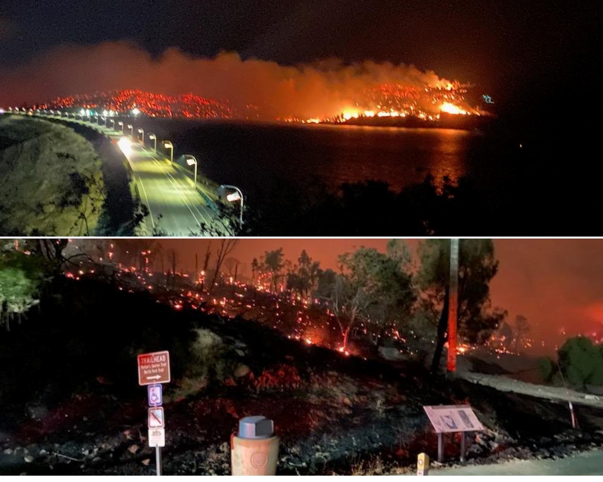 Top photo: Lake Oroville Dam facing Potter’s Ravine with the Thompson Fire in the background. Bottom photo: Lake Oroville Spillway trailhead. Photos from California State Parks.