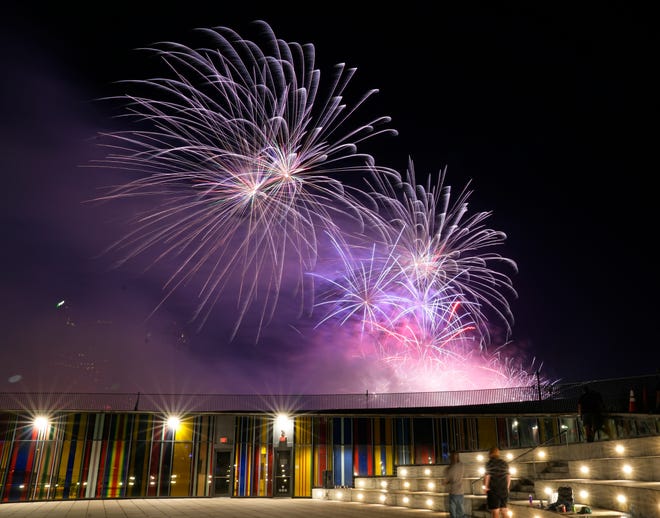 July 3, 2024; Columbus, Ohio, USA; 
Guests enjoy fireworks during Red, White and Boom in downtown Columbus from National Veterans Memorial and Museum.