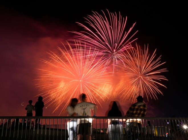 July 3, 2024; Columbus, Ohio, USA; 
Guests enjoy fireworks during Red, White and Boom in downtown Columbus from National Veterans Memorial and Museum.