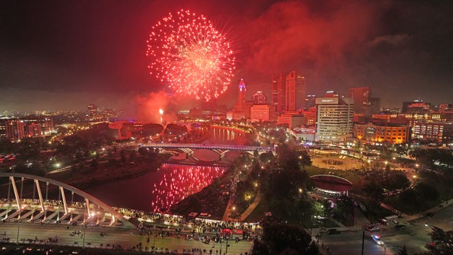 Jul 3, 2024; Columbus, Ohio, USA; The Red, White and Boom fireworks explode over downtown Columbus. Photographed from the 18th floor Miranova Condominium of Jim Ressa and Steve Zawada.