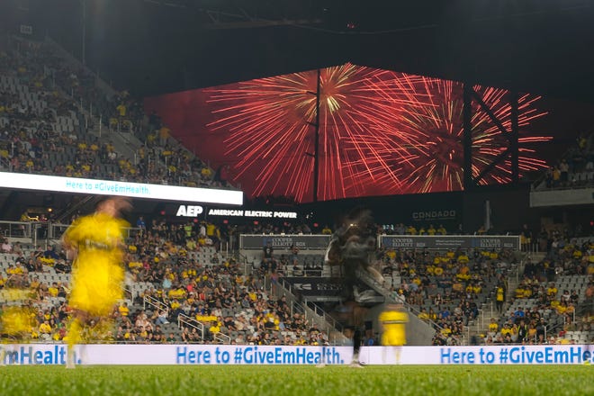 Jul 3, 2024; Columbus, OH, USA; Red, White & Boom fireworks go off during the second half of the MLS soccer match between the Columbus Crew and Nashville SC at Lower.com Field. The Crew won 2-0.