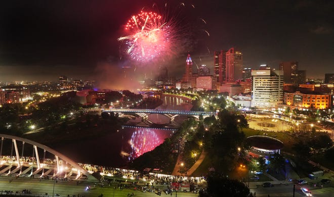 Jul 3, 2024; Columbus, Ohio, USA; The Red, White and Boom fireworks explode over downtown Columbus. Photographed from the 18th floor Miranova Condominium of Jim Ressa and Steve Zawada.