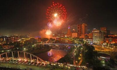 Jul 3, 2024; Columbus, Ohio, USA; The Red, White and Boom fireworks explode over downtown Columbus. Photographed from the 18th floor Miranova Condominium of Jim Ressa and Steve Zawada.