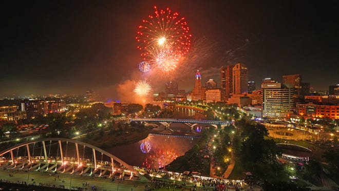 Jul 3, 2024; Columbus, Ohio, USA; The Red, White and Boom fireworks explode over downtown Columbus. Photographed from the 18th floor Miranova Condominium of Jim Ressa and Steve Zawada.