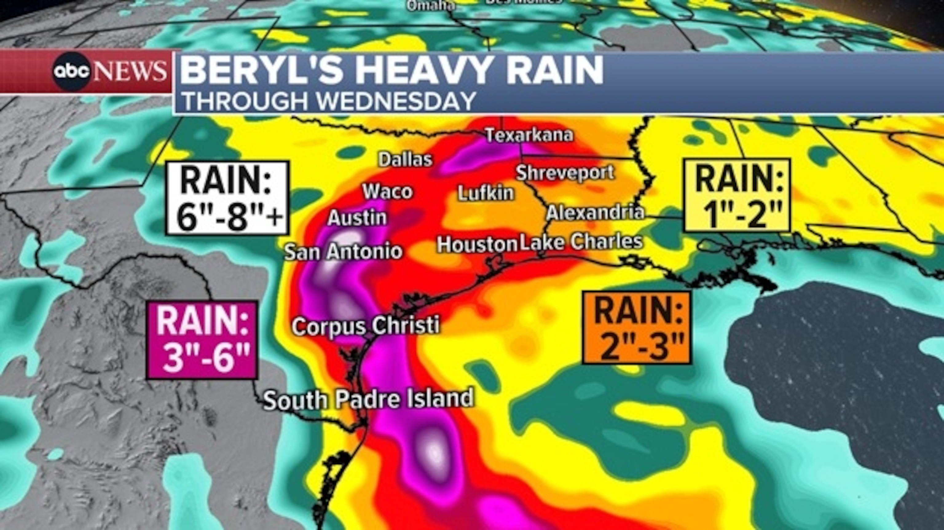 PHOTO: Beryl could deliver 8 inches or more of rain in just hours early next week.