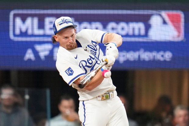 The Kansas City Royals’ Bobby Witt Jr. connects during the...