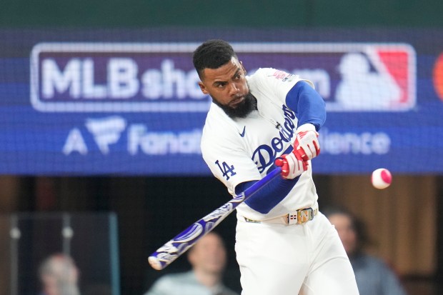 Dodgers outfielder Teoscar Hernández connects during the All-Star Home Run...