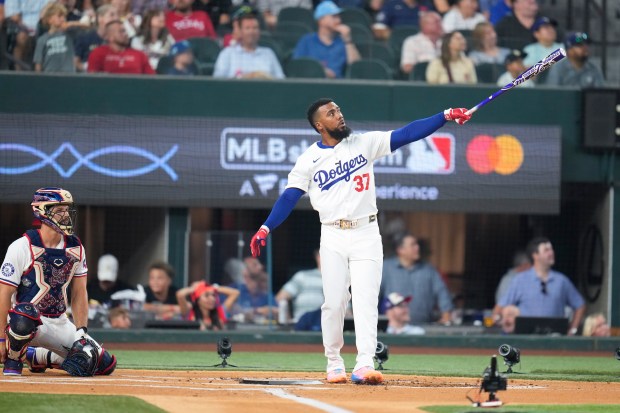 Dodgers outfielder Teoscar Hernández connects during the All-Star Home Run...