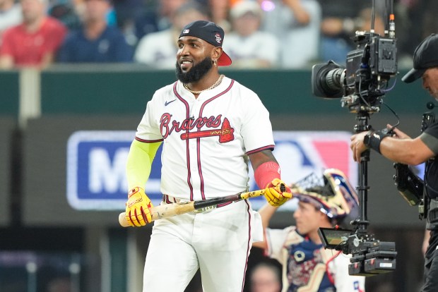 The Atlanta Braves’ Marcell Ozuna smiles during the MLB baseball...