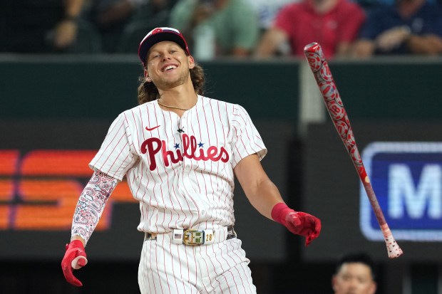 The Philadelphia Phillies’ Alec Bohm reacts during the Home Run...