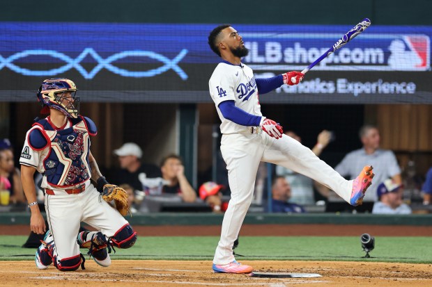 Dodgers outfielder Teoscar Hernández reacts during the Home Run Derby...